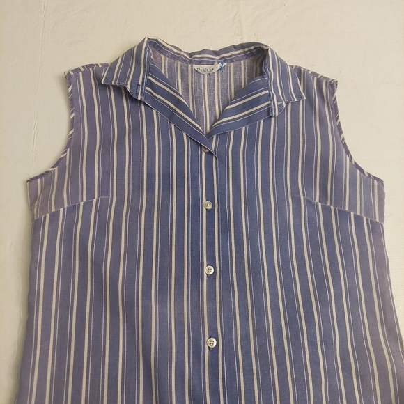 Paris Station Vintage Blue White Striped Sleeveless Button Up Shirt Coastal Sz M - Picture 5 of 9